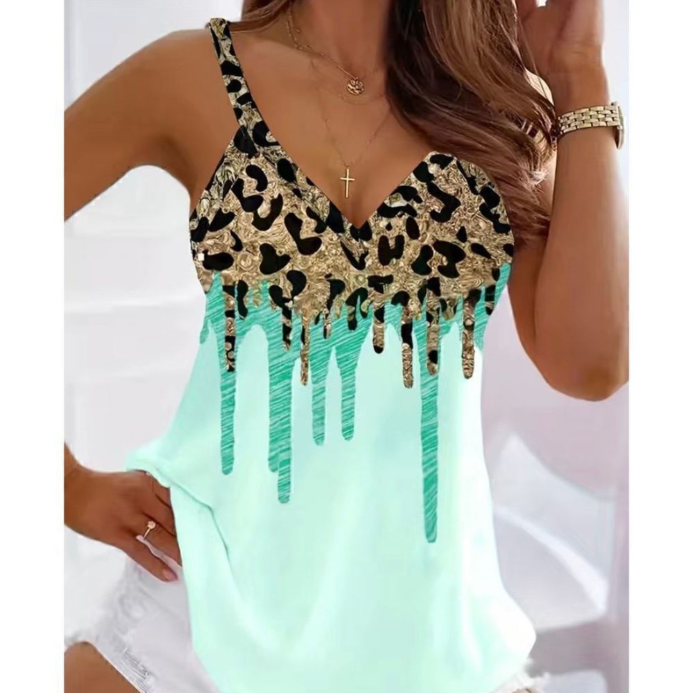 NEW SZ M Woman’s Leopard Cyan Drip Print V-Neck Halter Top